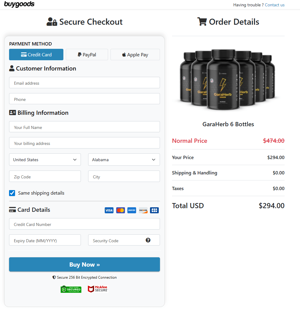 Garaherb secure checkout page